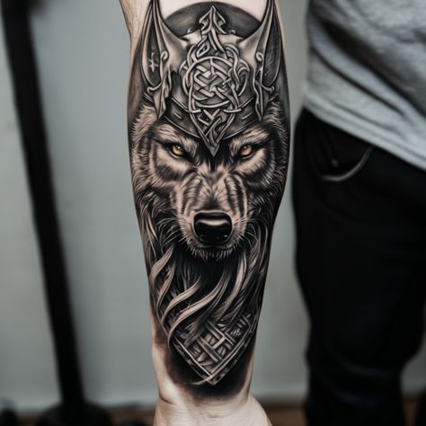 Nordic Wolf Tattoo, Viking Wolf Tattoo Design, Fenrir Tattoo Design, Fenrir Tattoo, Celtic Wolf, Shoulder Tats, Wolf Tattoos Men, Tattoo Red, Tattoos Men