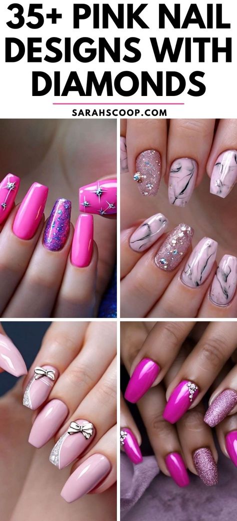 Sparkle and shine with these pink nail designs adorned with diamonds! 💖✨ Perfect for adding a touch of glam to any look. #NailDesigns #GlamNails #PinkNails Pink Nail Designs With Diamonds, Pink And Sparkle Nails, Pink Glitter Nail Designs, Pink Nails With Gems, Nail Designs With Diamonds, Diamond Pink Nails, Diamond Nail Designs, Pink Glitter Nails, Pink Polish