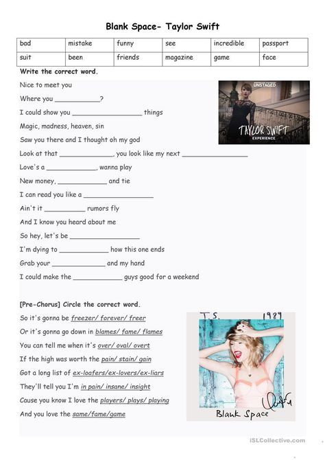 Blank Space by Taylor Swift - English ESL Worksheets for distance learning and physical classrooms Taylor Swift Activities For Kids, Taylor Swift Activity Sheet, Taylor Swift Trivia Printable, Taylor Swift Games To Play, Blank Space Taylor Swift Poster, Blank Space Taylor Swift Lyrics, Taylor Swift Activities, Adjectives To Describe Personality, Blank Space Taylor Swift