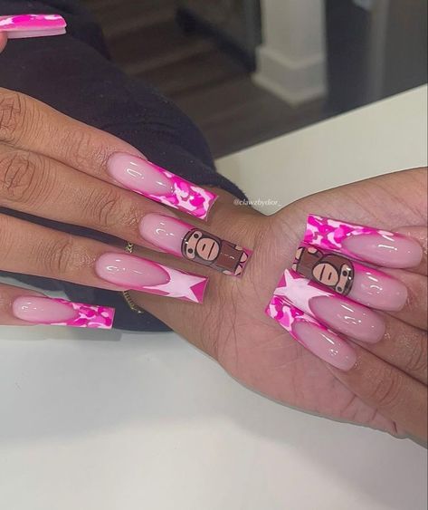 Hypebeast Nails Short, Hype Beast Nails, Bape Nails Acrylic, Hypebeast Nails, Blk Nails, Bape Nails, Pink Camo Nails, Monkey Nails, Nails Fire