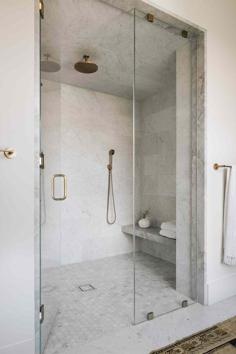 Semi Frameless Shower Door, Hexagon Floor Tiles, Hexagon Tile Bathroom, Tile Bathrooms, Modern Brick House, Hexagon Floor, Hexagon Tile Floor, Kate Marker Interiors, Colorado House