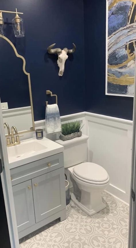 Blue Bathroom Ceiling, Blue Accent Wall Bathroom, Royal Blue Accent Wall, Navy Ceiling, Blue Accent Wall, Accent Wall Bathroom, Ceiling Bathroom, Blue Accent Walls, 1/2 Bath