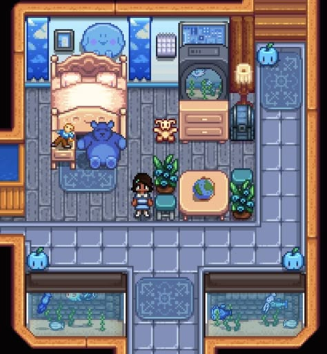 Stardew Krobus Room, Stardew Valley Beach House Interior, Stardew Valley House Interior Modern, Stardew Valley House Interior Blue, Stardew Valley Home Decor, Stardew Valley Kids Room Design, Stardew Nursery, House Design Stardew Valley, Stardew Decor Ideas