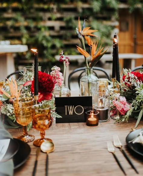 Moody Jungle Wedding, Dark Moody Tropical Wedding, Moody Tropical Decor, Dark Tropical Wedding, Moody Tropical Wedding, Firehouse Wedding, Latin Inspired Wedding, Bird Of Paradise Wedding, Sayulita Wedding