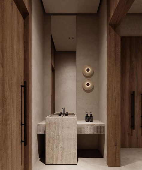 Wabi Sabi Interior Design Bathroom, Wabi Sabi Restroom, Bathroom Guest Ideas, Japandi Guest Bathroom, Wabi Sabi Minimalism, Wabi Sabi Bathroom Design, Wabi Sabi Vanity, Minimal House Design Interior, Wabi Sabi Interior Bathroom