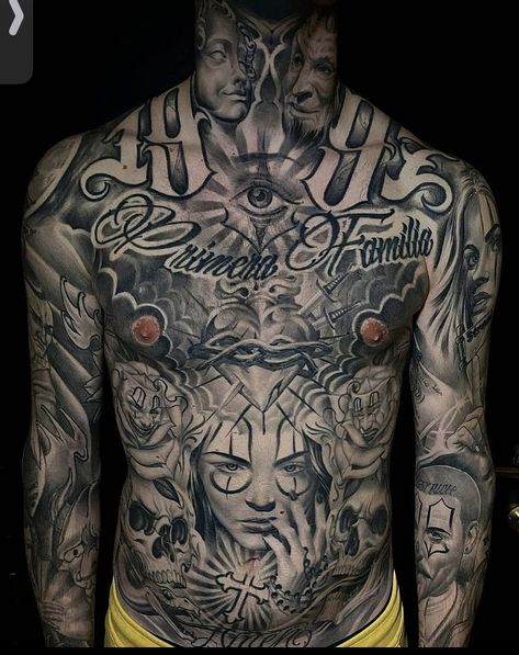 Mens Full Stomach Tattoo, Back Tattoo Men Upper, Men’s Stomach Tattoo Ideas, Full Front Tattoo Men, Chicano Chest Tattoo Men, Chicano Stomach Tattoos, Full Torso Tattoo Men, Big Tattoos For Men, Backpiece Tattoo Men