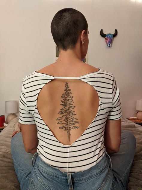 Pine tree - stick n poke - back tattoo Pine Tree Tattoo On Back, Pine Tree Tattoo Placement, Pine Tree Back Tattoo, Pine Tree Spine Tattoo, Pine Tree Tattoo Back, Ponderosa Pine Tattoo, Tree Spine Tattoo, Evergreen Tattoo, Girl Spine Tattoos