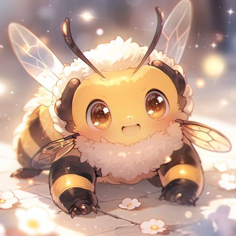 A cute and fluffy little bee that is painted a pink color, in the style of nightcore, light bronze and amber, realistic depiction of light, commission for, mono-ha, anime art as well as being shiny. Bee Anime, Bee Anime Art, Bumble Bee Character Design, Mythical Bee Creatures, Bee Fantasy Art, Kawaii Bee Wallpaper, Cute Animal Clipart, Cute Fantasy Creatures, Cute Cartoon Drawings