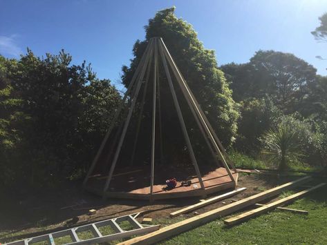 Even though it was constructed completely differently, a decorative "pole" piece was added to the top. This smaller, inverse cone was meant to look like the support poles of a real tipi. It also reduced the "lunar lander" look a little bit. Save Imgur For the decorations, the builder and his designer friend made a mini model of the tipi by creating some images. According to the builder, the designs represented rain, wind, and waves. Save Imgur The designs were painted on, with some adjust Tipi Camping, Teepee Outdoor, Small Structures, Town Garden, Native American Home, Diy Teepee, Disco Ball Light, Lunar Lander, Structured Water