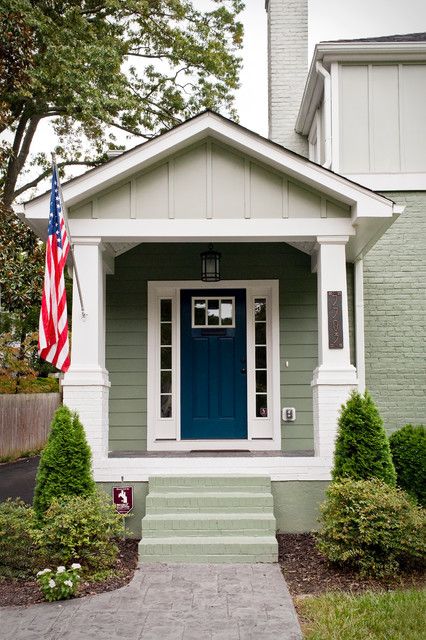 Rainstorm House Doors Colors, Navy Front Door, Sage Green House, Craftsman Entry, Green House Exterior, Green Siding, Exterior Door Colors, Exterior House Renovation, Blue Front Door