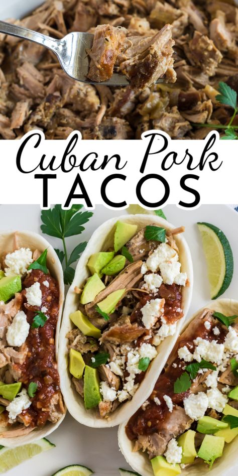 Cuban Pork Tacos are an easy weeknight dinner! They are absolutely delicious, perfectly cooked, and a fun mix up for those regular Taco Tuesdays. via @nmburk Shredded Pork Tacos, Taco Recipes Mexican, Cuban Pork, Gourmet Tacos, South American Recipes, Grill Food, Mexican Meals, Crock Pot Tacos, Large Family Meals