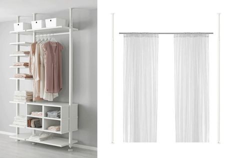 Hackers Help: How to use ELVARLI posts for a room divider curtain? How To Divide A Room, Elvarli Ikea, Ikea Elvarli, Ikea Room Divider, Ikea Loft Bed, Closet Curtains, Divider Curtain, Ikea Finds, Ikea Curtains