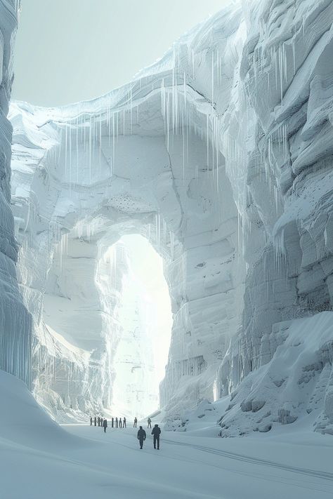 people are standing by the portal leading to an underground cave, in the style of futuristic visions ,snow scenes, realistic and hyper-detailed renderings, organic architecture, whistlerian, frozen movement, futuristic spacescapes Nuclear Winter Aesthetic, Fantasy Snow Landscape, Snow Kingdom, Frozen City, Dreamscape Architecture, Cave Entrance, Nuclear Winter, Temple Ruins, Buried Treasure