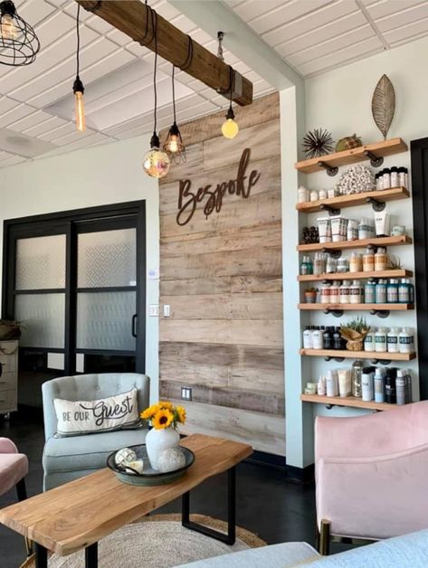 Boutique Hair Salon Interior Design, Small Salon And Boutique Ideas, Hair Salon And Coffee Shop, Medspa Decor Rustic, Farmhouse Hair Salon Rustic, Salon Interior Design Wallpaper, Hair Salon Booth Ideas, Rustic Esthetician Room, Country Chic Salon Ideas