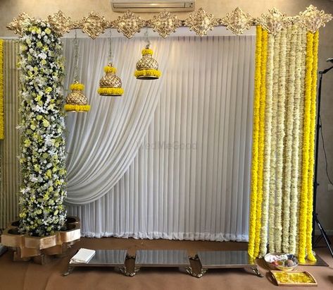 Photo of Floral decor for the home could be the best for mehndi function. Mehndi Stage Decor, Haldi Decoration Ideas, Small Wedding Decor, Mehndi Function, Mehendi Decor Ideas, Home Flower Decor, Ganpati Decoration At Home, Wedding Background Decoration, Wedding Entrance Decor