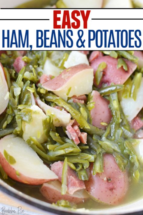 This traditional recipe for Ham, Green Beans and Potatoes is just the thing for any special occasion or even an easy weeknight dinner. Made all in one pot, there is hardly any mess to clean up and you can have the leftovers for lunch tomorrow! #easterrecipes #holidayrecipes #ham #greenbeans #potatoes Ham Green Beans And Potatoes Dutch Oven, Ham Green Beans Potatoes Oven, Ham Green Beans And Potatoes Slow Cooker Easy, Ham Greenbeans Potatoes Crockpot, Ham Green Beans And Potatoes Oven, Ham String Beans And Potatoes, Ham And Green Beans And Potatoes, Crockpot Ham Green Beans And Potatoes, Ham Green Beans And Potatoes Stove Top