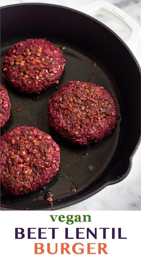 Easy and flavorful beet lentil burgers. Packed with 8 grams of plant-based protein along with healthy fats, fiber, and vitamins and minerals, they make a flavorful and healthy homemade veggie burger recipe! Black Bean Beet Burger, Vegan Beet Burger, Homemade Veggie Burger, Beet Burger Recipe, Shredded Beets, Homemade Veggie Burger Recipe, Beet Burgers, Lentil Burger, Vegan Veggie Burger