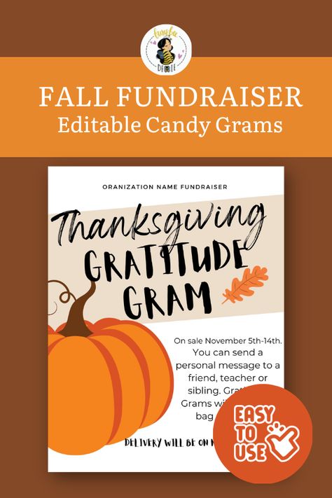 Looking for a unique way to celebrate Thanksgiving? Try our Thanksgiving Candy Gram Template! Easy to edit on Canva, and perfect for your fall fundraising events. Make your Gratitude Grams a hit with family and friends. Check out my shop for more designs! Gobble Grams, Thanksgiving Fundraiser, Thanksgiving Candy, Thanksgiving Gratitude, Candy Grams, Fundraiser Flyer, Yearbook Ideas, Pumpkin Candy, School Fundraisers