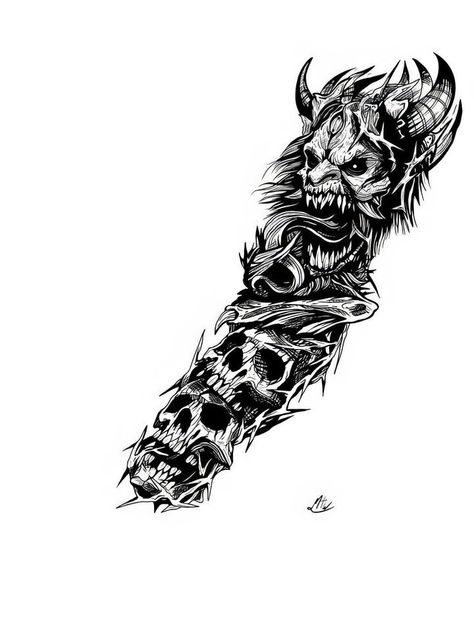 Skeleton Leg Sleeve Tattoo, Demon Forearm Tattoo, Demonic Tattoo Designs, Skeleton Dragon Tattoo, Dark Horror Tattoo, Satanic Tattoo Design Ideas, Demon Sleeve Tattoo, Skeleton Sleeve Tattoo, Tattoo Dark Work