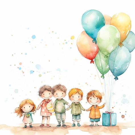 Watercolor children party | Premium Vector #Freepik #vector #watercolor-vector #children-illustration #watercolor-illustration #kids-illustration Watercolor Children Illustration, Watercolor Kids Illustration, Illustration Kids Books, Kindergarten Illustration, Children Book Illustration Watercolor, Childrens Day Illustration, Watercolor Party, Watercolour Nursery Art, Children Drawing