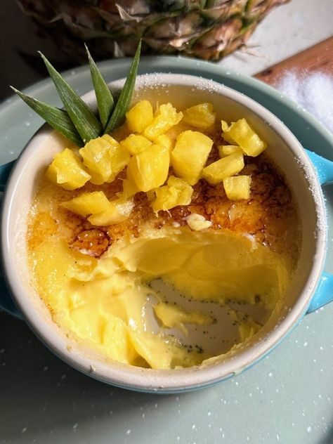 Pineapple Creme Brulee – Eat at Maude's Pineapple Creme Brulee Recipe, Pina Colada Creme Brulee, Pineapple Dessert Ideas, Fresh Mango Dessert Recipes, Pineapple Creme Brulee, Flavored Creme Brulee, Fruit Creme Brulee, Mango Creme Brulee, Pineapple Custard