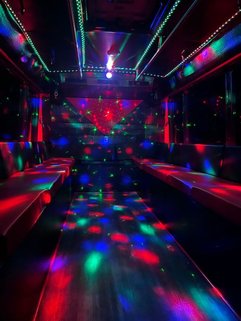 Party Bus Quinceanera, Sweet 16 Party Bus Ideas, Neon Party Dresses, Prom Party Bus, Party Van, Party Bus Aesthetic, Party Bus Ideas, Diy Party Bus, Party Bus Birthday