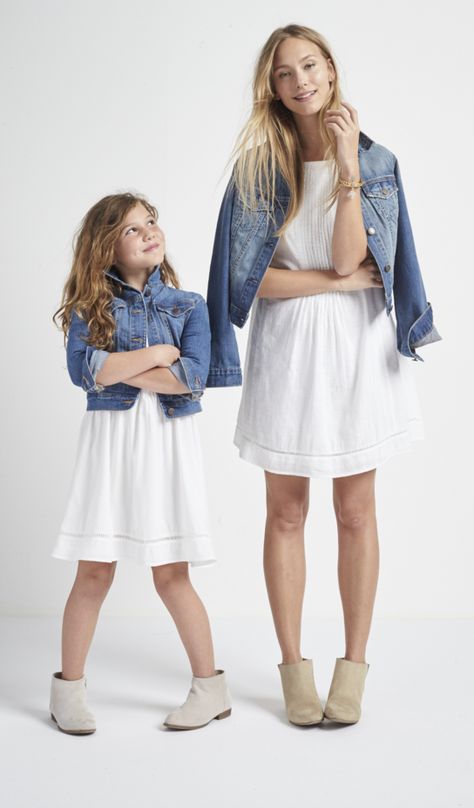 Two words: classically cute. Your mini-me will look cute-as-can-be in our white dress and girls medium-wash denim jacket. Mommy And Me Denim Photo Shoot, All Denim Photoshoot, Mom With Two Kids Photoshoot, Denim And White Mommy And Me, Black And White Mom And Daughter Photos, Black And White Mother Daughter Photo, Mother Daughter Poses, Mom And Baby Outfits, Denim Photoshoot