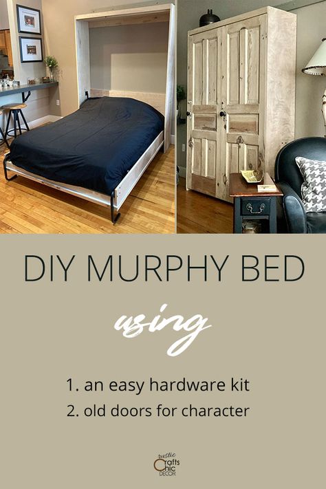 DIY Murphy Bed Using Old Doors - Rustic Crafts & Chic Decor Rustic Murphy Beds, Wall Bed Diy, Murphy Bed Plan, Diy Murphy Bed, Murphy Bed Hardware, Build A Murphy Bed, Bed Hardware, Rustic Decorating, Murphy Bed Diy