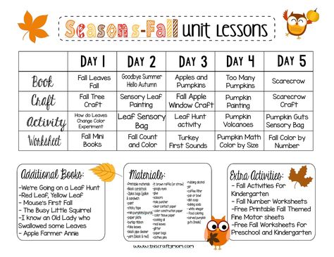 Free Week Long Fall Themed Preschool Lesson Plans - Seasons Weekly Themes Part 3 - This Crafty Mom 1st Grade Weekly Themes, October Preschool Curriculum, Back To School Theme Preschool Lesson Plans, Toddler Fall Lesson Plans, Preschool Fall Theme Lesson Plans, Fall Prek Lesson Plans, October Themes For Daycare, Daycare Weekly Lesson Plan, Seasonal Preschool Themes