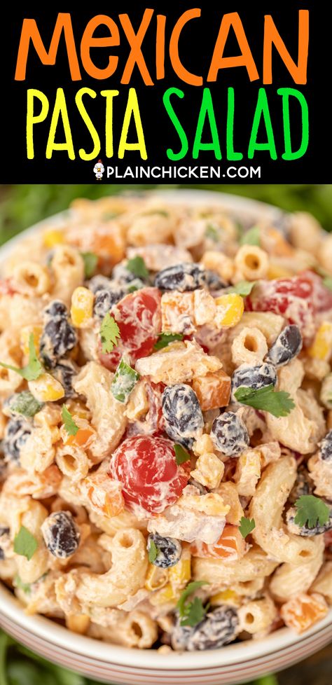 Mexican Pasta Salad - seriously delicious! Easy to make and great for a crowd! Pasta, red onion, green onion, corn, black beans, tomatoes, cilantro tossed in a quick dressing of ranch dressing, salsa and cumin. Add chicken, ground beef, ham or bacon to the leftovers and turn this side into a main dish! YUM! #pastasalad #mexican #sidedish #potluck Chicken Potluck, Pasta Mexicana, Mexican Pasta Salad, Beef Ham, Mexican Pasta, Pesto Tortellini, Greek Salad Pasta, Greek Pasta, Cold Salad