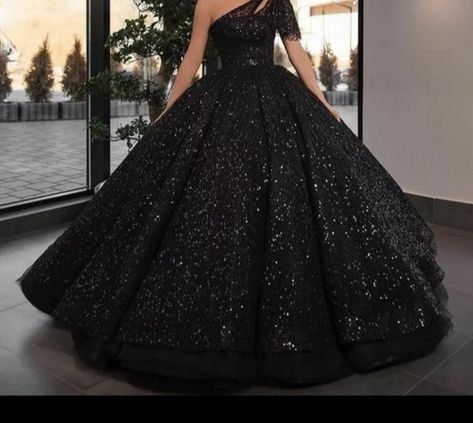 Black Dress 2022/One Shoulder Short Sleeves/Glitter/Gown/wedding dress/fashion/floor length/classic Black Princess Dress, Wedding Dress Fashion, Glitter Gown, Black Ball Gown, Dress 2022, Puffy Dresses, Fancy Gowns, Black Princess, Goth Wedding