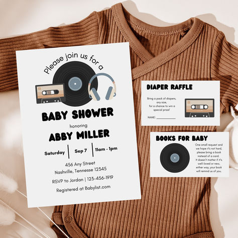 Are you looking for a vinyl record baby shower invitation? This music baby shower bundle is perfect for minimalist, modern, and gender neutral baby showers. You will receive access to editable templates on Canva for an invitation, diaper raffle card, and books for baby card. This retro baby shower template will help you celebrate the little one on the way at your groovy baby shower! Baby Shower Neutral, Shower Music, Retro Baby Showers, Baby Shower Templates, Retro Baby, Invitation Baby Shower, Diaper Raffle, Baby Card, Gender Neutral Baby Shower