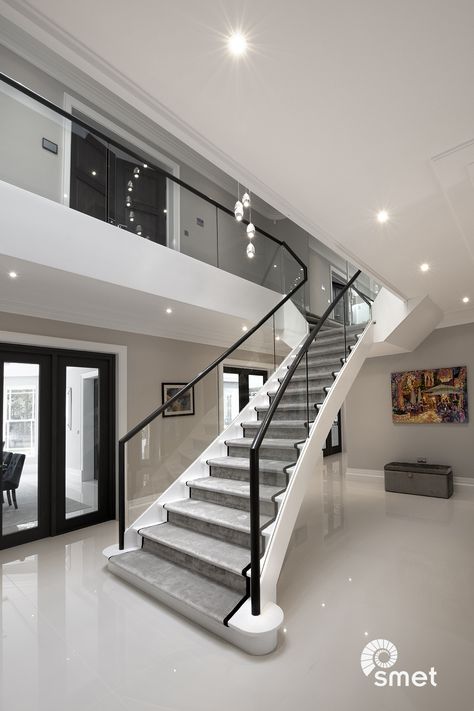 Glass Balustrade Stairs, Balustrade Stairs, Staircase Glass, Unique Staircase, Walton On Thames, Luxury Staircase, Stair Design, House Staircase, Stairs Ideas