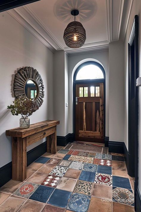 Here’s a creative way to accentuate your entryway: by using eccentric Moroccan tiles in a dispersed and free pattern! Entryway Tile Floor, Moroccan Floor Tiles, Moroccan Tile Floor, Floor Tile Ideas, Entryway Floor, Entryway Tile, Moroccan Tiles Pattern, Entryway Flooring, Moroccan Floor