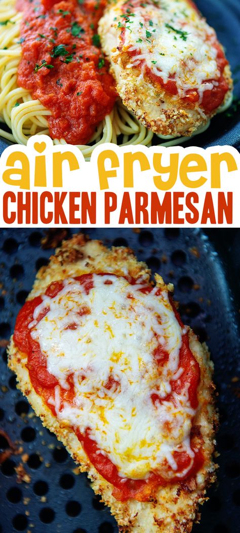 You can make a classic chicken parm in your air fryer with hardly any cleanup afterward! Everything cooks in the air fryer basket! #airfryer #chickenrecipes #recipes Air Fryer Chicken Parm, Homemade Chicken Parmesan, Air Fryer Chicken Parmesan, Air Fry Recipes, Air Fried Chicken, Air Fryer Recipes Chicken, Chicken Parm, Air Fryer Dinner Recipes, Air Fryer Healthy