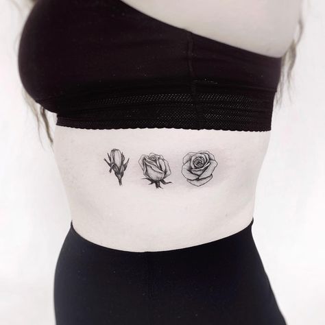 Tattoo of the three stages of a rose blooming. Black and grey, detailed, slfineline, microrealism tattoo. Flower Stages Tattoo, Stage Tattoo, A Rose Tattoo, Illustrative Tattoos, Matching Tattoo Ideas, Tattoo Toronto, Rose Blooming, Mother Nature Tattoos, Rose Drawing Tattoo