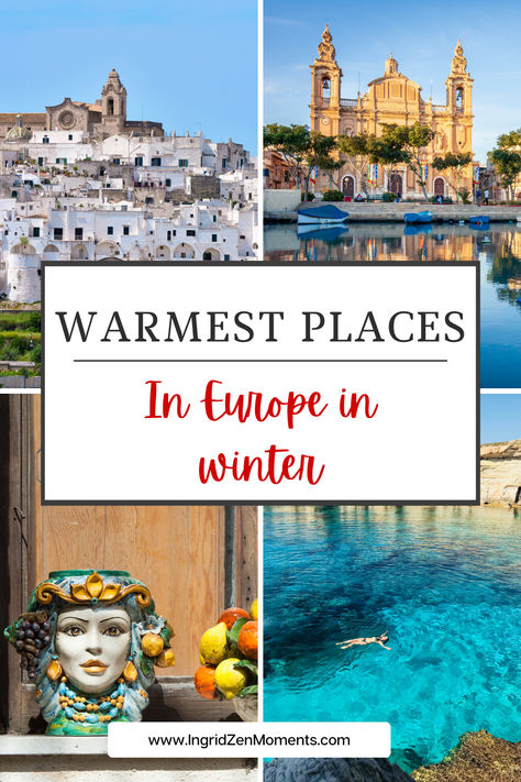 Where to go for winter sun in Europe: here are the warmest places in Europe in winter. Best Places To Travel In December Europe, Where To Go In Europe In Winter, Best Places In Europe In Winter, Europe January, Snow In Europe, Europe In December, Europe In Winter, Europe Winter, Winter Cottage