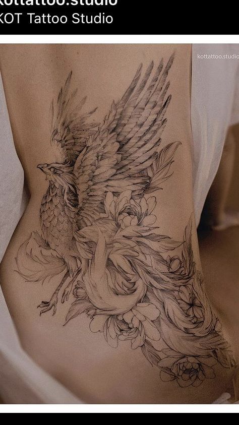 Phoenix Lower Back Tattoo Women, Large Pheonix Tattoo For Women, Phoenix Stomach Tattoo, Phoenix Tattoo Ribs For Women, Phoenix Rib Tattoos For Women, Phoenix Tattoo Hip, Large Feminine Tattoos, Griffin Tattoo Feminine, Lower Arm Tattoos For Women Unique