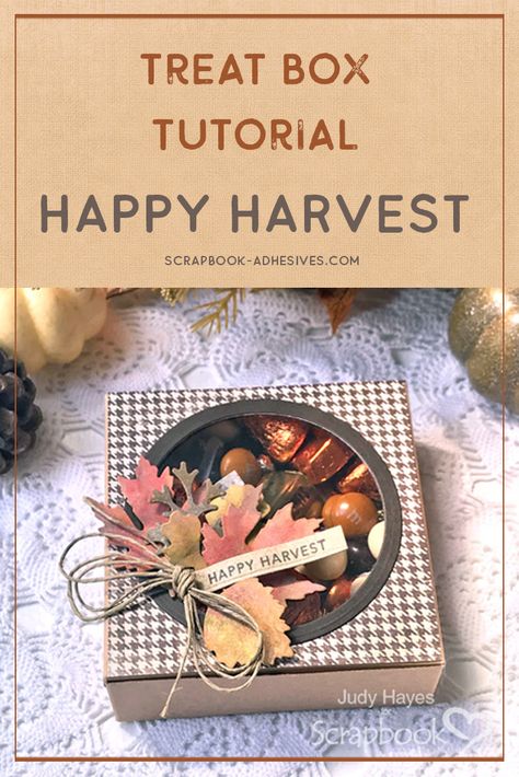 The Happy Harvest Treat Box is easily dressed up using Adhesive Sheets & die cut leaves. Fill it with seasonal sweets & nuts for a Thanksgiving place setting or small gift box. Follow Judy's step by step tutorial to celebrate the fall season. Vary the paper and die cuts to make for any season or event! See how easy it is on the blog. PIN IT & Click Now! #sbadhesivesby3l #thanksgivingtable #giftbox #treatbox #papercraft #diy Treat Boxes Diy, Thanksgiving Place Setting, Thanksgiving Goodies, Company Paper, Christmas Treats Holders, Crazy Crafts, Place Settings Thanksgiving, Fall Candy, Happy Harvest