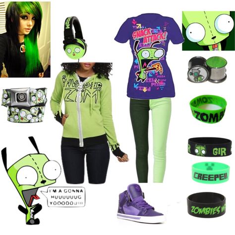 I would wear this outfit and call gir day or go gir lol and I have the same gir bracelet awesomeness :) Invader Zim Cosplay, Zim Cosplay, Scene Girl Outfits, Rawring 20s, Emo Scene Outfits, Scene Clothing, Cute Emo Outfits, Emo Outfit, Scene Core