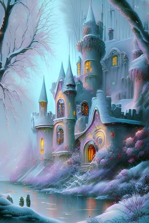 Roz Frozen Moment Pink Nation Wallpaper, Winter Cottages, Winter Cottage, Pink Nation, Fairytale Castle, Fantasy Images, Floral Artwork, Dreamy Art, Magical Places