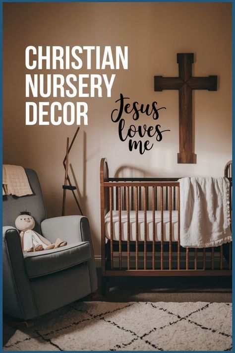 Christian-themed nursery with a crib, cross on the wall, and a plush doll on a chair. Christian Theme Nursery, Bible Story Nursery, Christian Nursery Ideas, Church Nursery Ideas Decor, Bible Nursery, Baby Nursery Theme Ideas, Christian Decor Ideas, Church Nursery Decor, Church Nursery Ideas