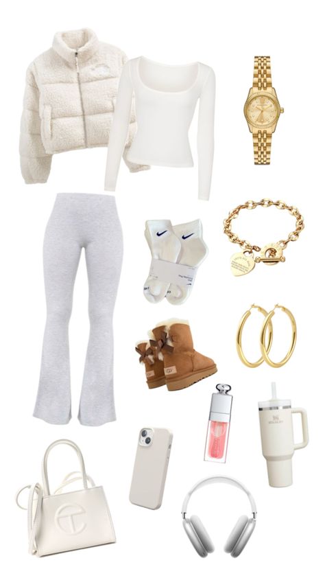 clean girl winter outfit, cosy, flared grey trousers, basic white top, White fluffy coat, gold michael kors watch, gold jewellery, iphone, ugh boots, nike socks, stanley cup, dior lip gloss Outfits To Wear In New York Winter, Snow Clothes Aesthetic, White Flare Leggings Outfit, Winter Outfit Layout, North Face Coat Outfit, Cute Snow Day Outfits, Cold Weather Outfits Winter Freezing, Winter Outfits For Snow, Cute Winter Outfits For Snow