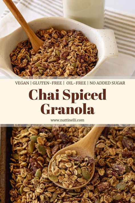 The delicious flavors of this chai spiced granola warm you up every morning you have it for breakfast. Pairs great with coffee, tea, or, my favorite, a dirty chai latte! #nuttinelli #vegangranola #veganbreakfast #plantbasedbreakfast #glutenfreegranola #glutenfreebreakfast Chai Spiced Granola, Chai Spice Granola, Spiced Granola, Dirty Chai Latte, Granola Homemade, Vegan Granola, Granola Recipe Homemade, Vegan Snack Recipes, Vegan Breakfast Easy