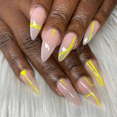 Black Neon Yellow Nails, Oval Nails Yellow, Yellow And Nude Nails, Neon Yellow Nail Art, Almond Nails Designs Summer, Concert Nails, Neon Yellow Nails, Girly Nails, Nail Appointment