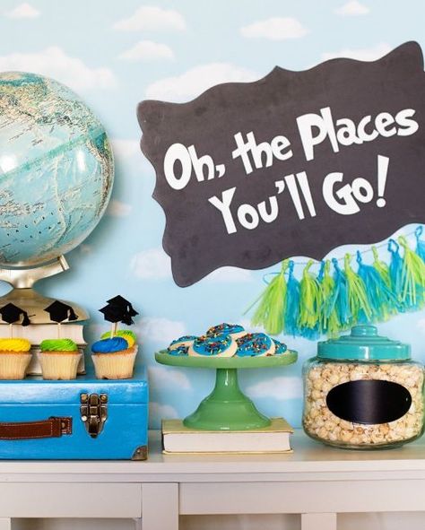 Dr Seuss Graduation Ideas, The Places You Will Go Graduation, Teacher Graduation Party Ideas Education Major, Elementary Graduation Ideas, Oh The Places You Will Go Graduation, Oh The Places You'll Go Graduation, Senior Graduation Party Ideas, Unique Graduation Party Ideas, Boys Graduation Party