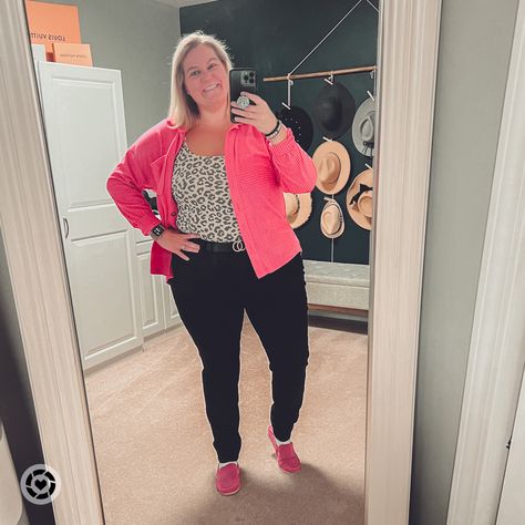 Hot Pink Shacket Outfit, Plus Size Pink Blazer Outfit, Plus Size Jegging, Pink Shacket, Plus Size Pink Sweater, Pink Cardigan Outfit, Leopard Print Bodysuit, Hot Pink Cardigan, Plus Size Leopard Cardigan