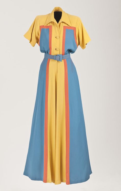 Woman's Jumpsuit (Hostess Pajamas) | LACMA Collections Blue And Yellow Fashion, Hostess Pajamas, 1983 Fashion, 60s Fashion Women, American Fashion, Fashion Group, 1940s Fashion, Vertical Stripes, Fashion Mode