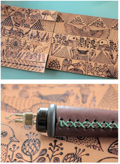 Burning Leather Ideas, Leather Pyrography Ideas, Pyrography On Leather Ideas, Leather Burning Designs, Leather Craft Ideas, Geninne Zlatkis, Leather Pyrography, Wood Burner Tool, Leather Burning