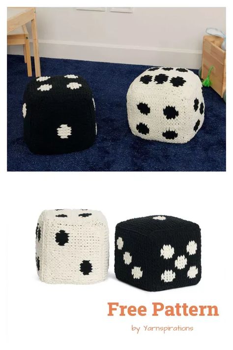 Dice Pillow Free Knitting Pattern Dice Pillow Diy, Crochet Dice Free Pattern, Crochet Pillow Designs, Pillow Case Pattern Crochet, Crochet Dice Pillow, Crochet Dice Pattern, Cool Crochet Pillows, Crochet Headrest Cover Free Pattern, Crochet Gift For Him